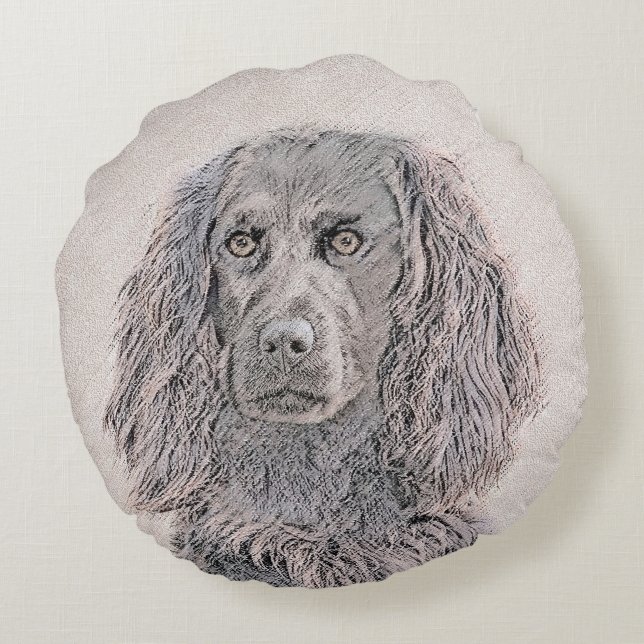Boykin Spaniel Painting - Cute Original Dog Art Round Cushion (Back)