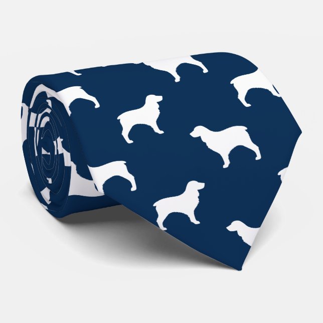 Boykin Spaniel Silhouettes Pattern Blue and White Tie (Rolled)