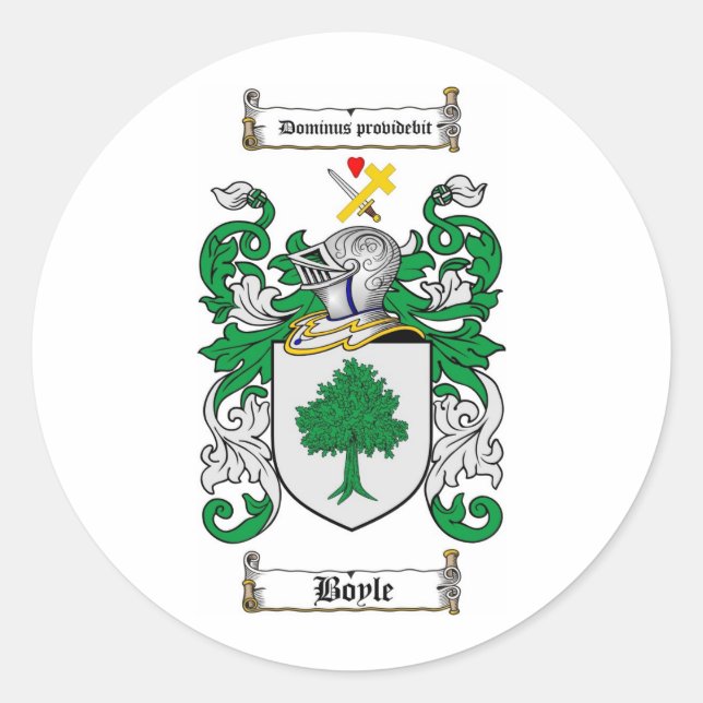 BOYLE FAMILY CREST -  BOYLE COAT OF ARMS CLASSIC ROUND STICKER (Front)
