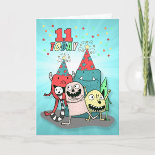 Boys 11th Birthday Red and Blue Cartoon Monsters Card