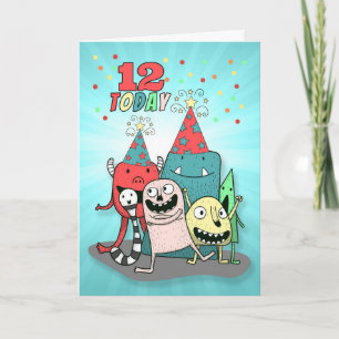 Boys 12th Birthday Red and Blue Cartoon Monsters Holiday Card