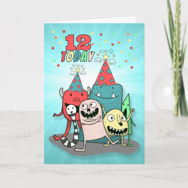 Boy's 12th Colourful Monster Birthday Card (Front)