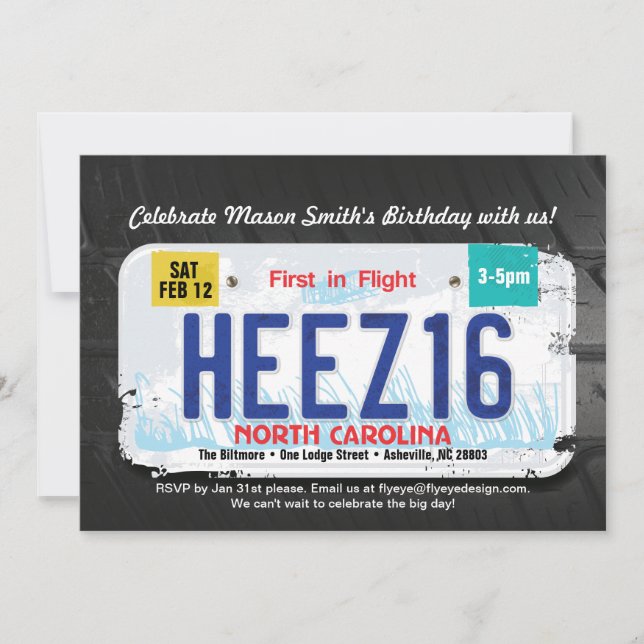 Boy's 16th Bday North Carolina License Invitation (Front)