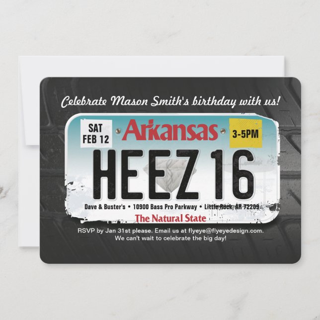 Boy's 16th Birthday Arkansas License Invitation (Front)
