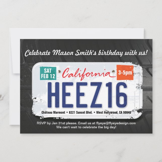 Boy's 16th Birthday California License Invitation (Front)