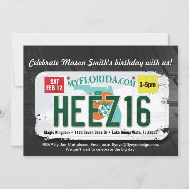Boy's 16th Birthday Florida License Invitation (Front)