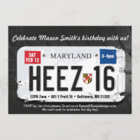 Boy's 16th Birthday Maryland License Invitation