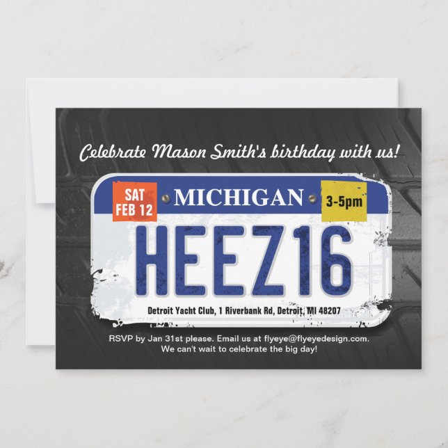 Boy's 16th Birthday Michigan License Invitation (Front)