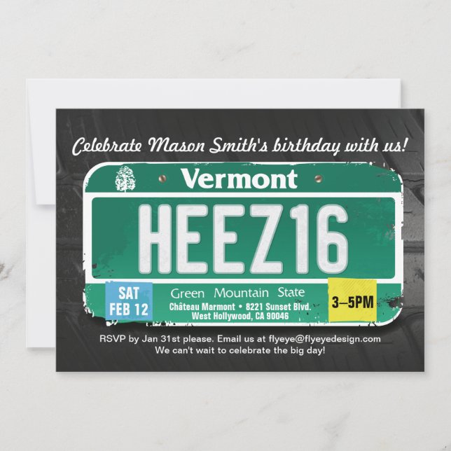 Boy's 16th Birthday Vermont License Invitation (Front)