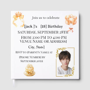 Boy's 18th Birthday Photo Guest Book   Gold & Whit