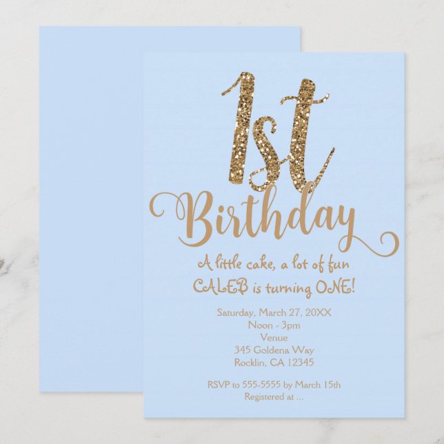 Boys 1ST BIRTHDAY 1 Blue & Gold Party Invitations (Front/Back)