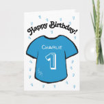 boy's 1st birthday blue football shirt card<br><div class="desc">Personalised boy's 1st birthday card with a blue football/ soccer shirt design.
A lovely card for a son or grandson who is turning one.  
If desired,  the card can be customised any age and your own message,  as well as the child's name can be included.</div>