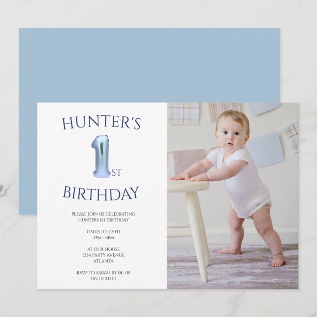 Boys 1st birthday blue photo  invitation (Front/Back)