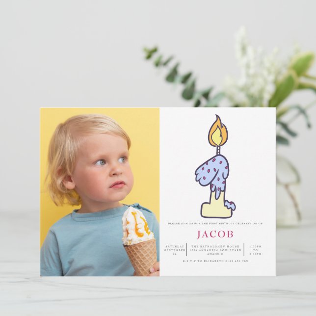 Boys 1st Birthday Candle Cake Party Photo Invitation (Standing Front)
