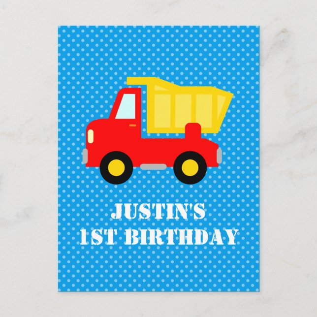 Boys 1st Birthday construction dumptruck postcards (Front)