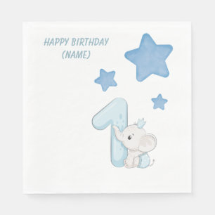Boys 1st Birthday Cute Blue Elephant and Stars Napkin