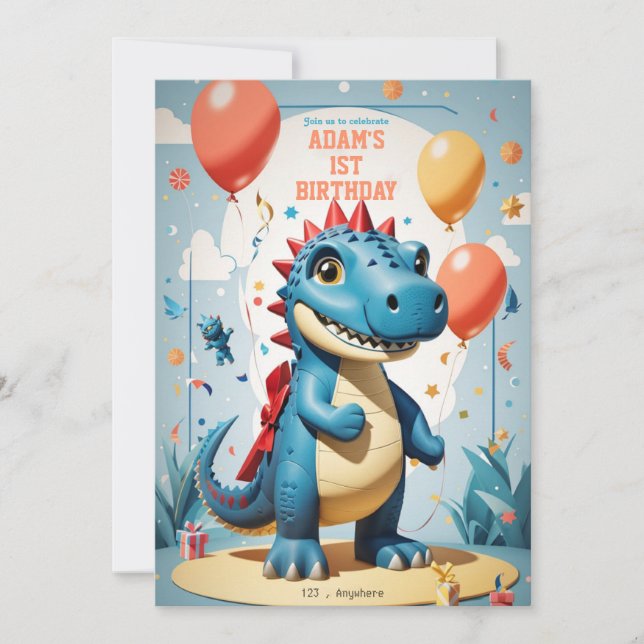 Boy's 1st birthday cute dinausor funny t-rex  invitation (Front)