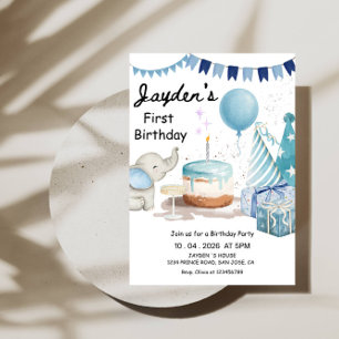 Boys 1st Birthday-Cute Modern Blue First Birthday Invitation