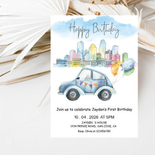 Boys 1st Birthday-Cute Modern Blue First Birthday Invitation
