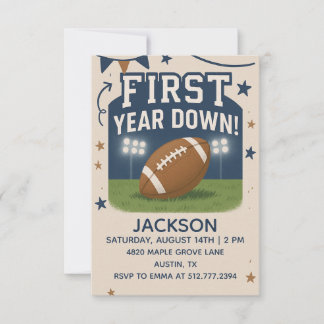 Boy's 1st Birthday First Year Down -Blue Football  Invitation