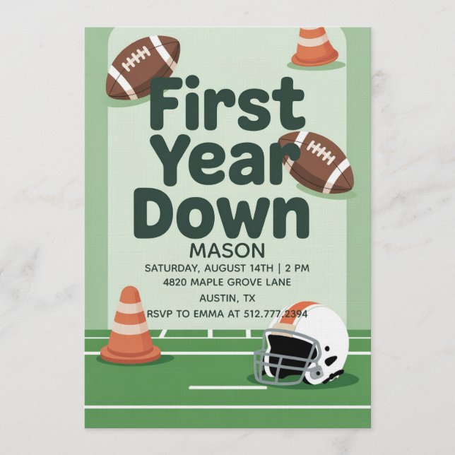 Boy's 1st Birthday First Year Down - Football Bday Invitation (Front)