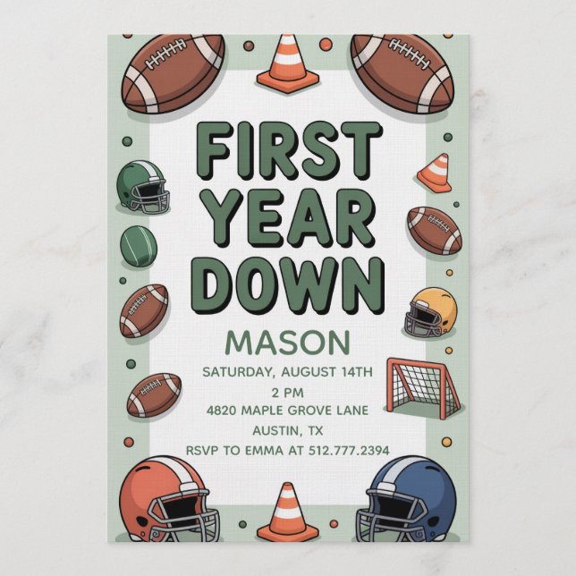 Boy's 1st Birthday First Year Down - Football Bday Invitation (Front)