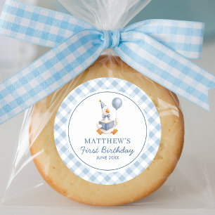Boy's 1st Birthday Goose Blue Gingham Script Classic Round Sticker