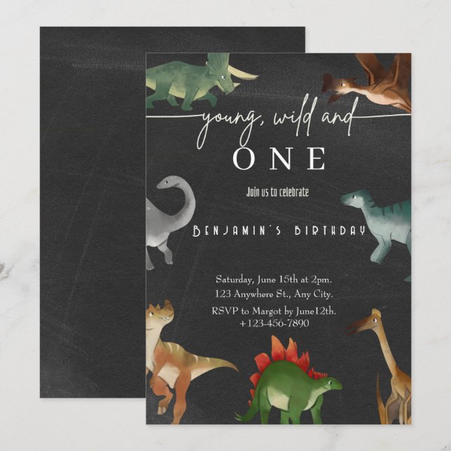 Boy's 1st birthday invitation cute dinosaur party (Front/Back)