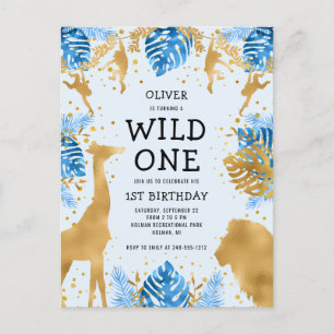 Boys 1st Birthday Party Blue Jungle Safari Invitation Postcard