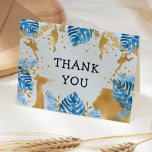 Boys 1st Birthday Party Blue Jungle Thank You Card<br><div class="desc">This "wild one" jungle safari themed boy's first birthday party thank you card features gold faux foil animals (giraffe, lion and monkeys), gold and blue jungle foliage, and a sprinkling of gold confetti on a pale blue background. The words "Thank You" appear on the front; personalise the message inside, or...</div>
