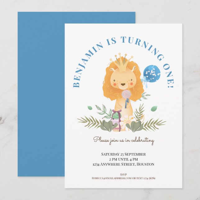 Boys 1st Birthday Party Cute Lion Safari Invitation (Front/Back)