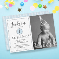 Boy's 1st Birthday Party Photo Candles Cake