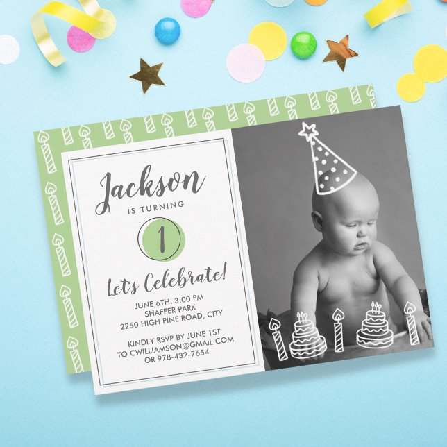 Boy's 1st Birthday Party Photo Candles Cake Invitation (Creator Uploaded)
