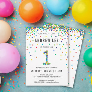 Boys 1st Birthday Party, Primary Colour Confetti Invitation