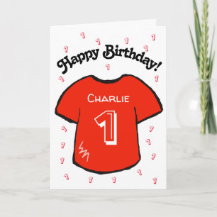 boy's 1st birthday red football shirt card