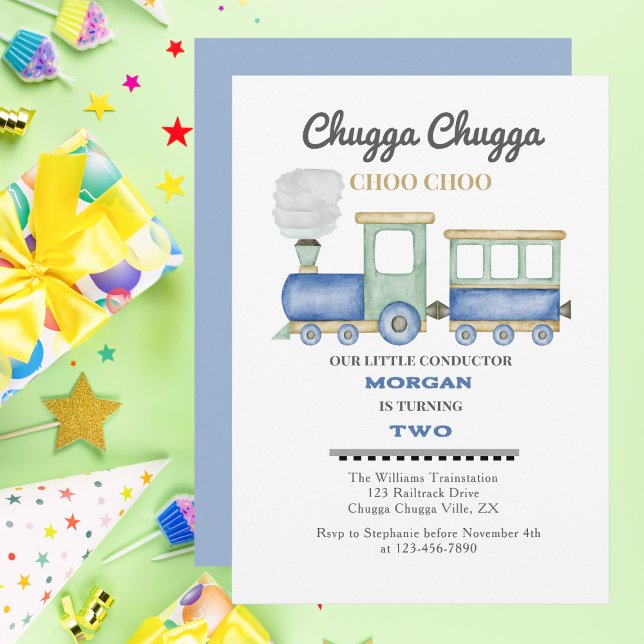 Boy's 2nd Birthday Blue Train Chugga Choo   Invitation (Creator Uploaded)