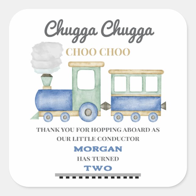 Boy's 2nd Birthday Blue Train Chugga Choo   Square Sticker (Front)