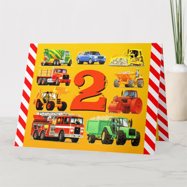 Boys 2nd Birthday Custom Construction Trucks Card (Front)