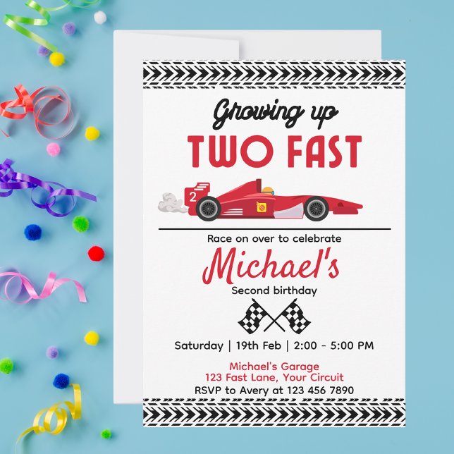 Boys 2nd Birthday Growing Up Two Fast Red Race Car Invitation (Creator Uploaded)