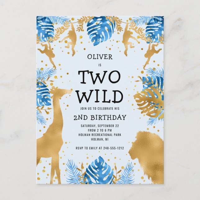 Boys 2nd Birthday Party Pale Blue Gold Safari Postcard (Front)