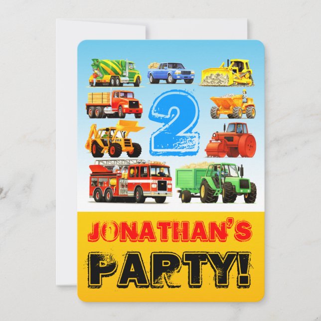 Boy's 2nd Birthday Truck Vehicles Party Invitation (Front)