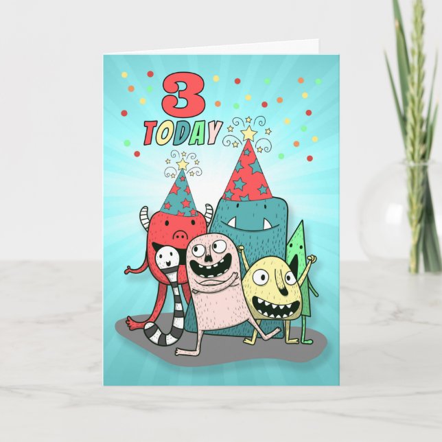 Boys 3rd Birthday Red and Blue Cartoon Monsters Card (Front)