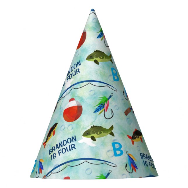 Boys 4th birthday o-fish-ally fishing themed  party hat (Front)