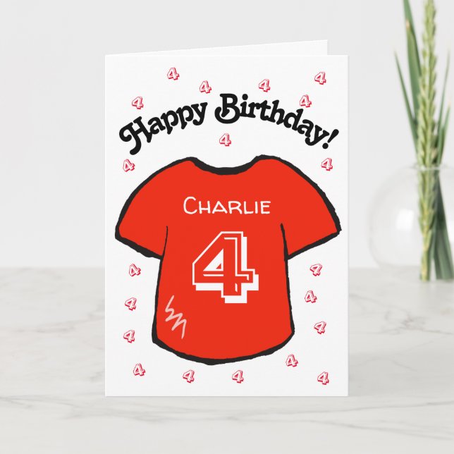 boy's 4th birthday red football shirt card (Front)