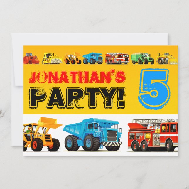Boys 5th Birthday Big Construction Truck Party Invitation (Front)