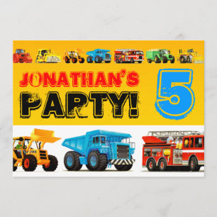 Boys 5th Birthday Big Construction Truck Party Invitation