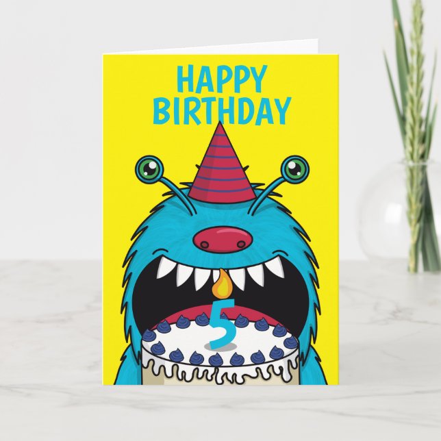 Boys 5th Birthday Blue Monster Cute Card (Front)