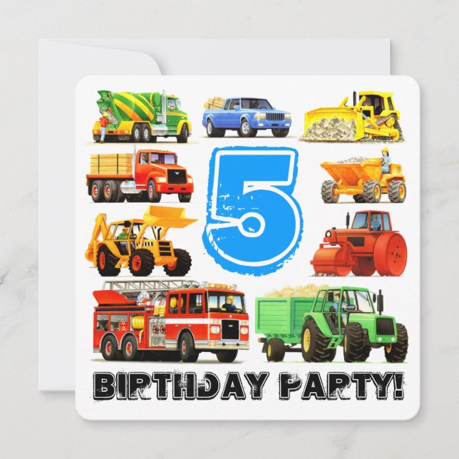Boys 5th Birthday Construction Truck Party Invitation (Front)