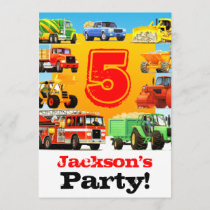 Boys 5th Birthday Construction Trucks Party Invitation