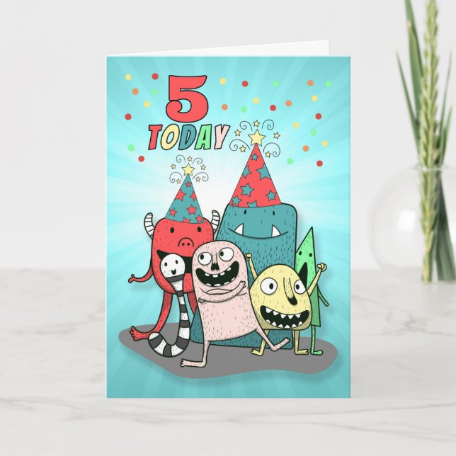 Boys 5th Birthday Red and Blue Cartoon Monsters Holiday Card (Front)